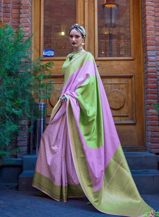 Lavender & Green Zari Woven Soft Silk Saree For Festival