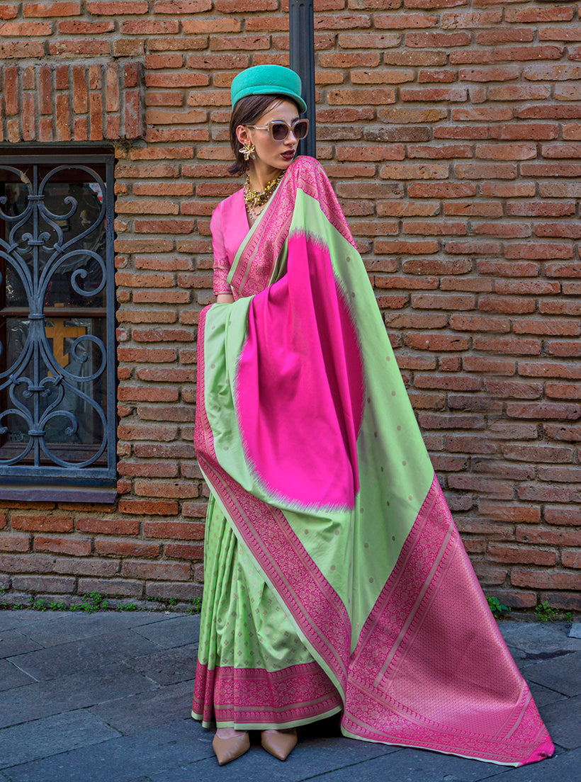 Green & Pink Zari Woven Soft Silk Saree For Festival