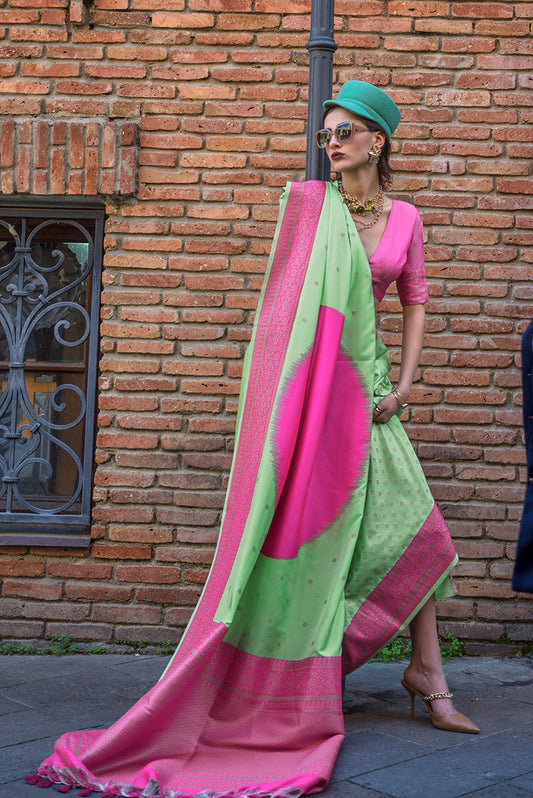 Green & Pink Zari Woven Soft Silk Saree For Festival