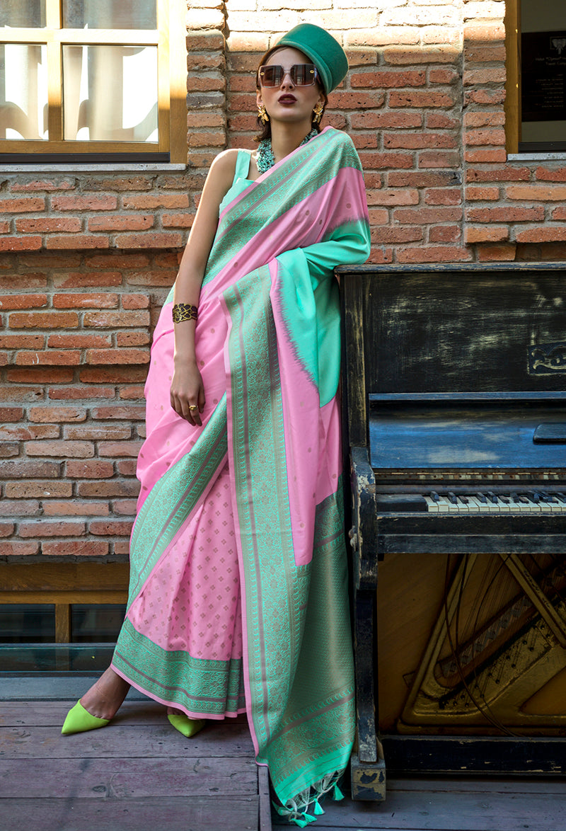 Pink & Turquoise Zari Woven Soft Silk Saree For Festival