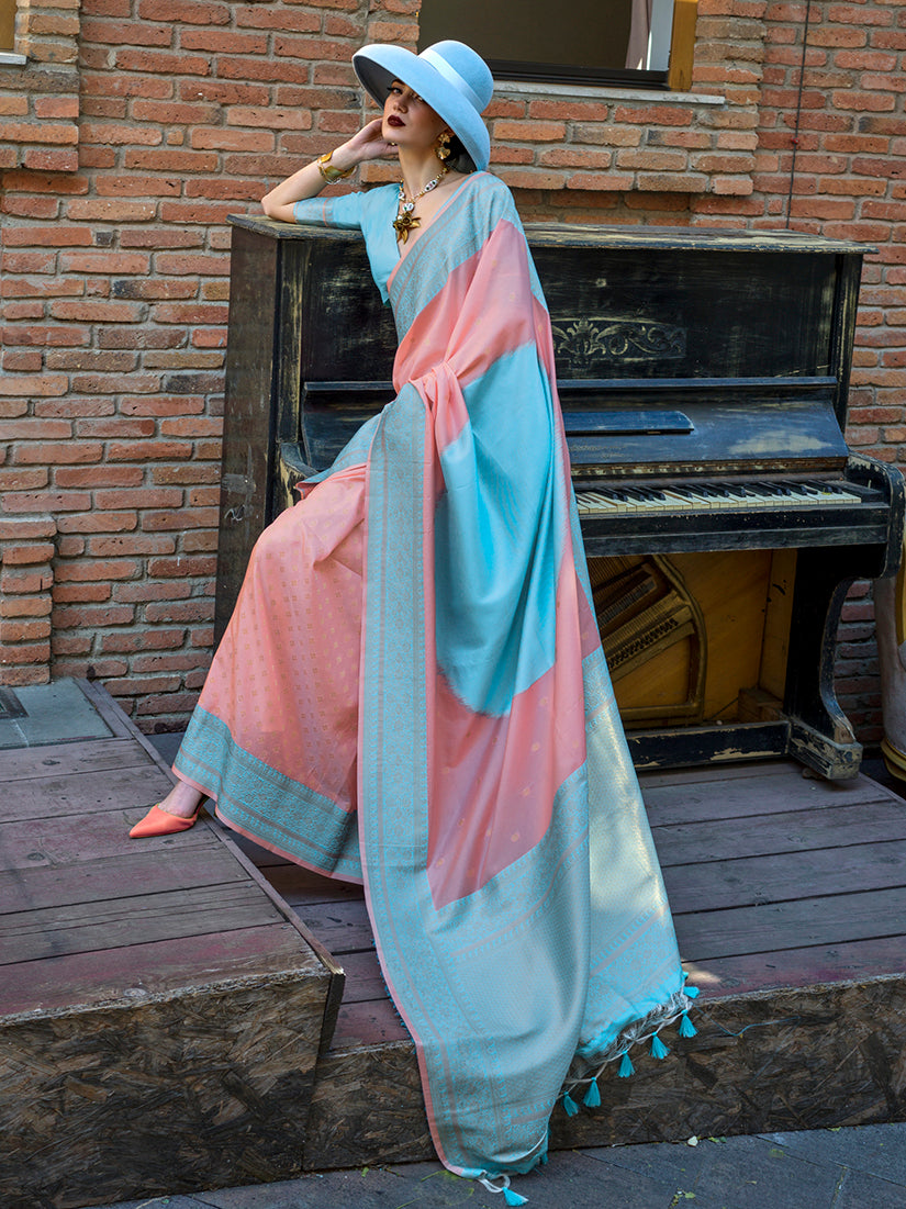 Peach & Light Blue Zari Woven Soft Silk Saree For Festival