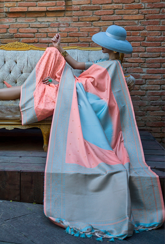 Peach & Light Blue Zari Woven Soft Silk Saree For Festival