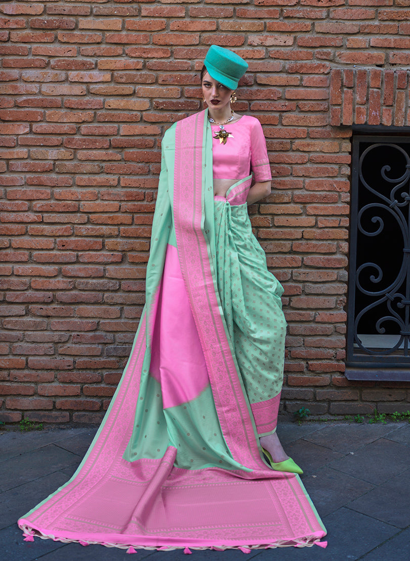 Turquoise & Pink Zari Woven Soft Silk Saree For Festival