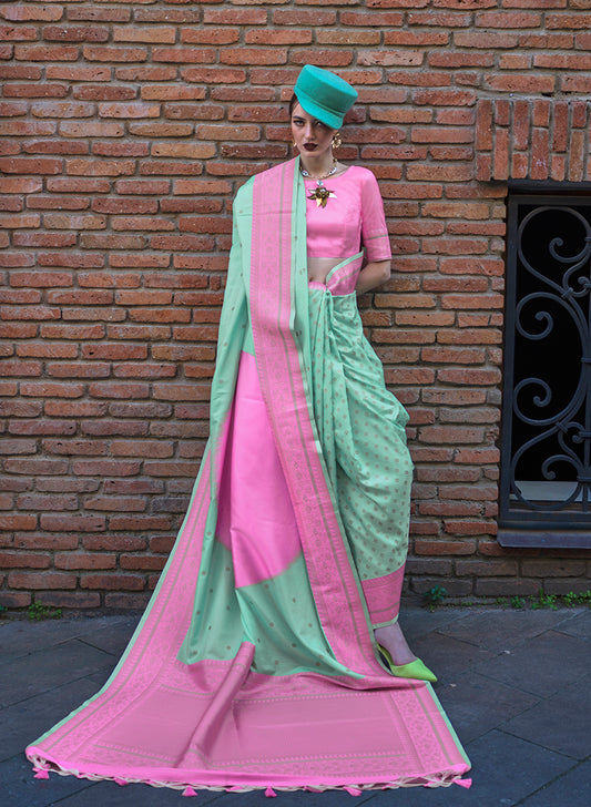 Turquoise & Pink Zari Woven Soft Silk Saree For Festival