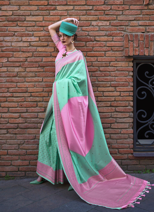 Turquoise & Pink Zari Woven Soft Silk Saree For Festival
