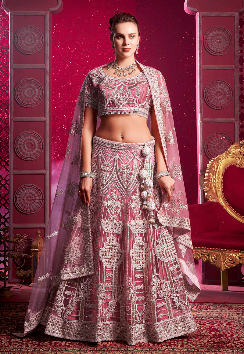 Pink Net Embroidered Thread Work Wedding Wear Lehenga Choli