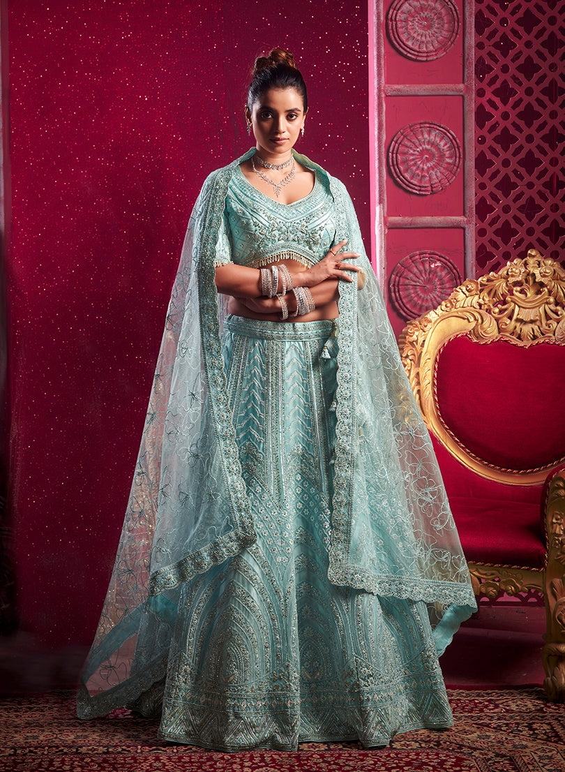 Sky Blue Net Embroidered Thread Work Wedding Wear Lehenga Choli