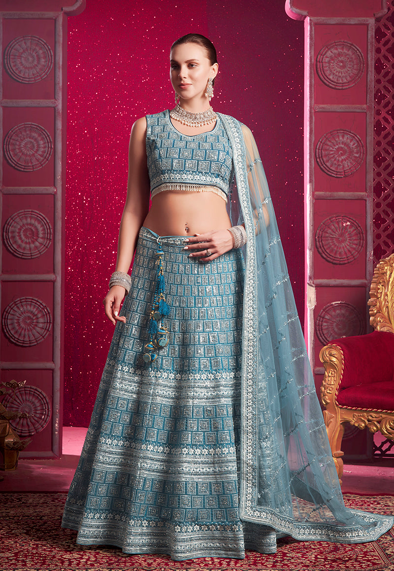 Blue Net Embroidered Thread Work Wedding Wear Lehenga Choli