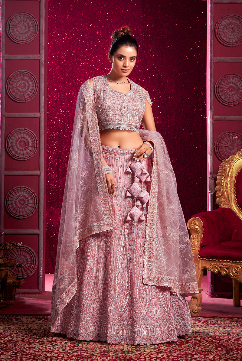 Pink Net Embroidered Thread Work Wedding Wear Lehenga Choli