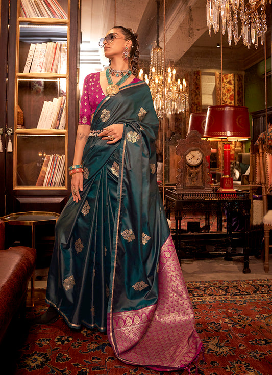 Dark Emerald Green Classic Dual Shade Banarasi Satin Silk Saree