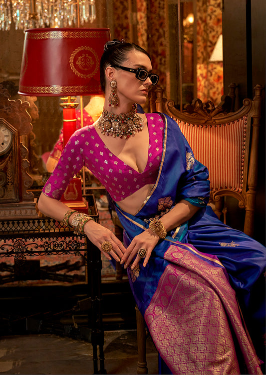 Royal Blue Classic Dual Shade Banarasi Satin Silk Saree