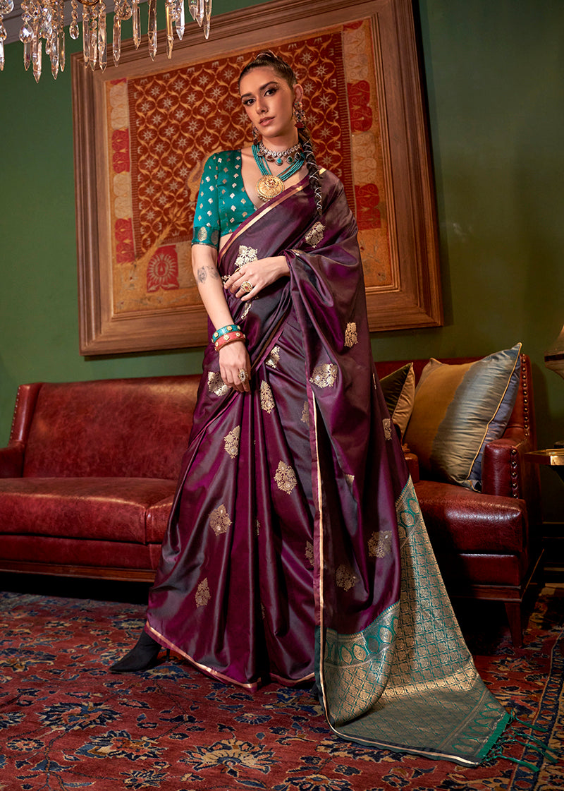 Wine Classic Dual Shade Banarasi Satin Silk Saree