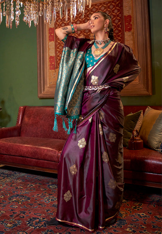 Wine Classic Dual Shade Banarasi Satin Silk Saree