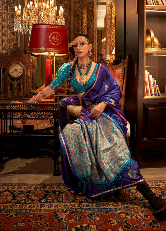Violet Classic Dual Shade Banarasi Satin Silk Saree