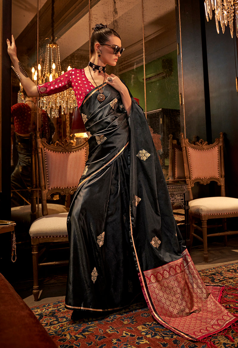 Black Classic Dual Shade Banarasi Satin Silk Saree