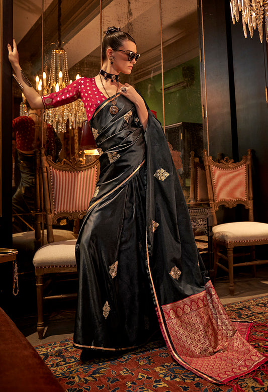 Black Classic Dual Shade Banarasi Satin Silk Saree