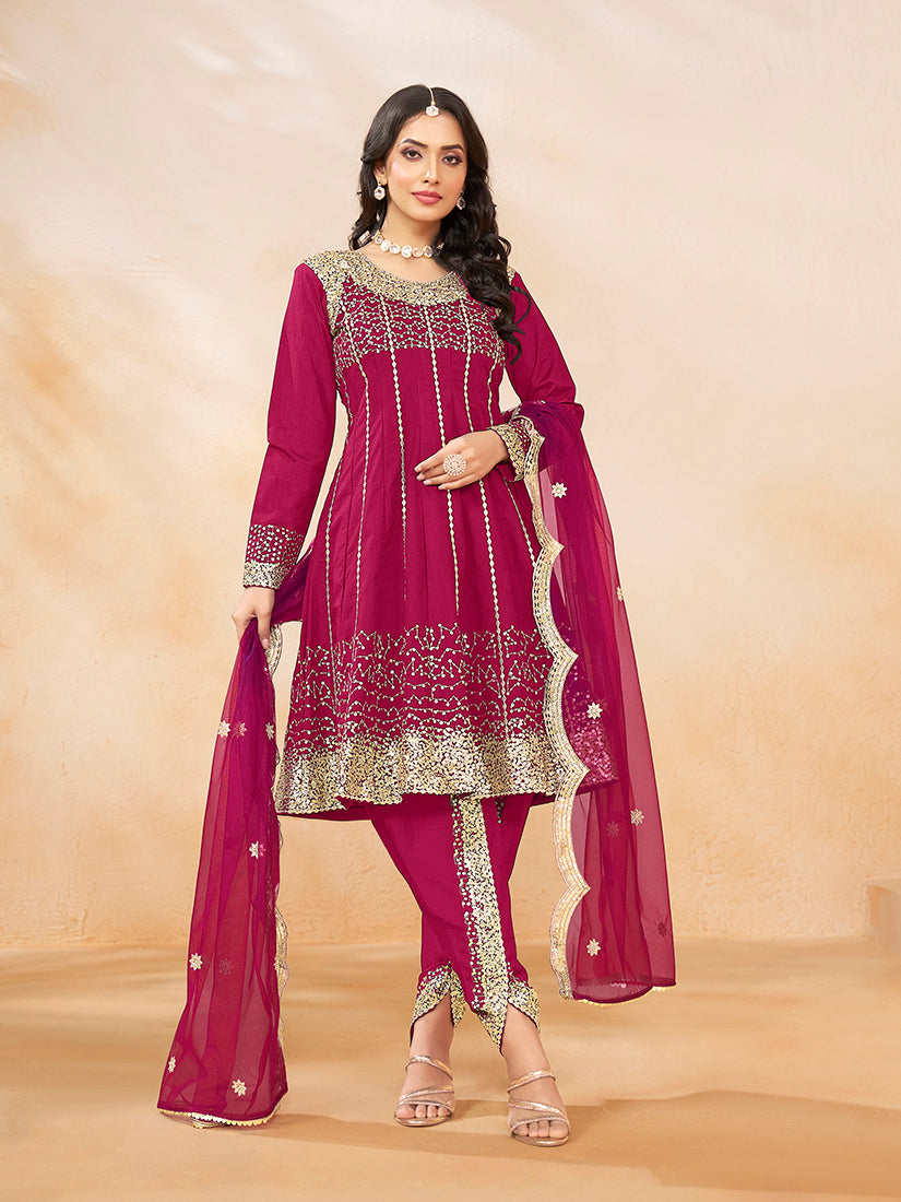 Rani Pink Art Silk Embroidered And Sequins Work Readymade Suit
