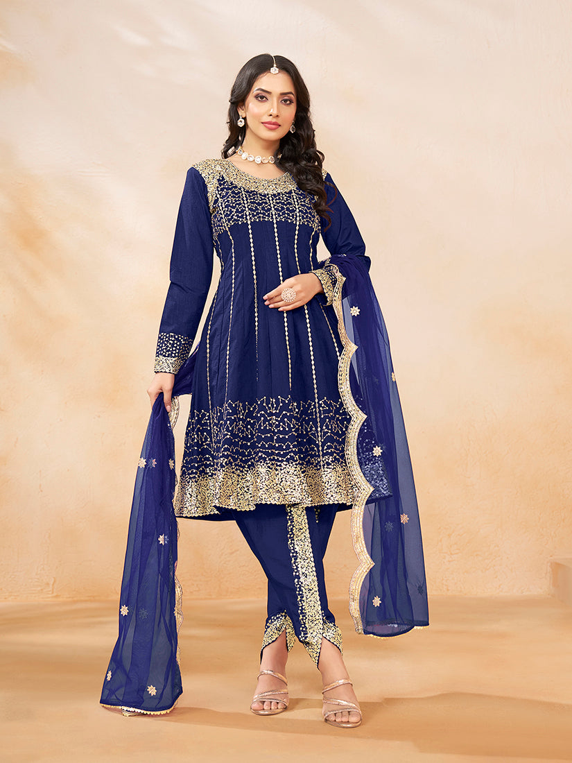 Navy blue Art Silk Embroidered And Sequins Work Readymade Suit