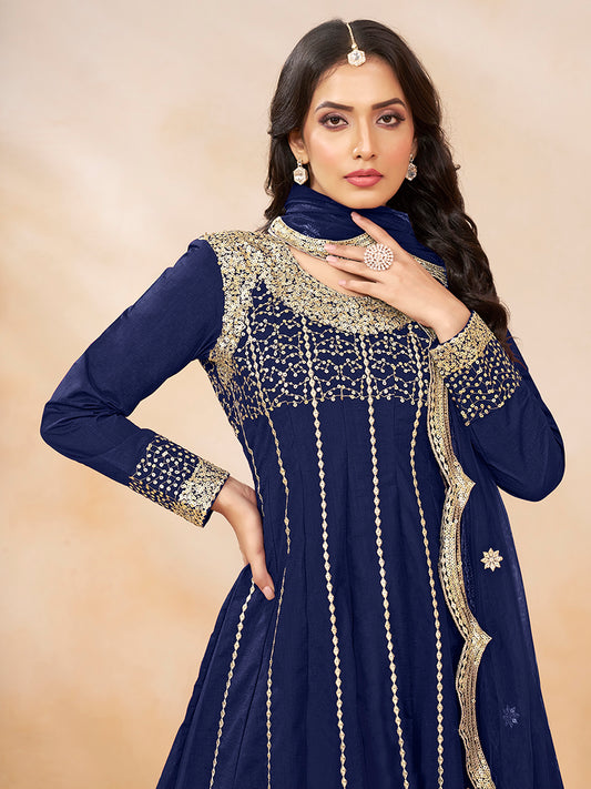 Navy blue Art Silk Embroidered And Sequins Work Readymade Suit