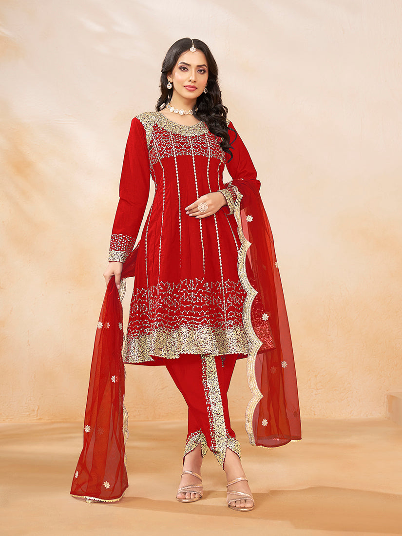 Red Art Silk Embroidered And Sequins Work Readymade Suit