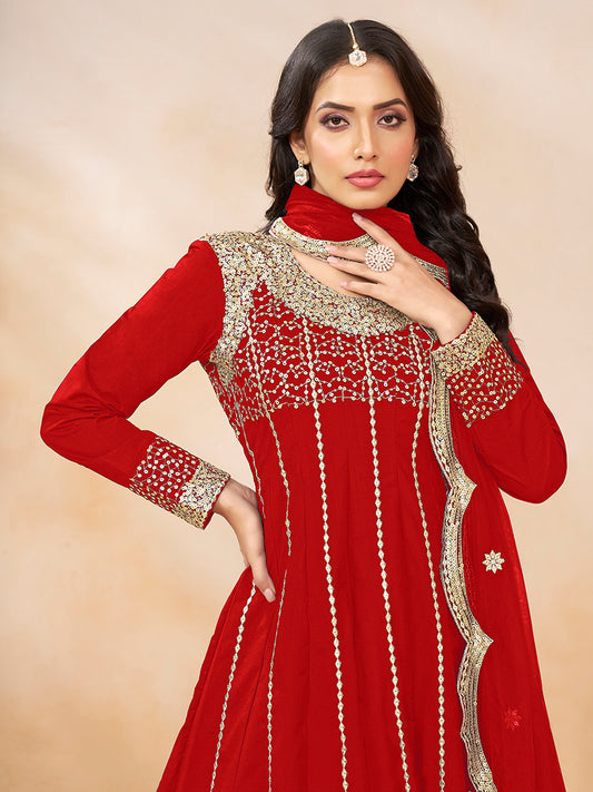 Red Art Silk Embroidered And Sequins Work Readymade Suit