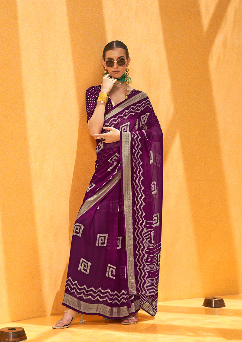 Purple Georgette Foil Print Saree