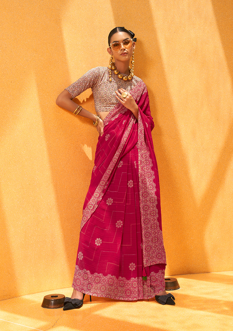 Rani Pink Georgette Foil Print Saree