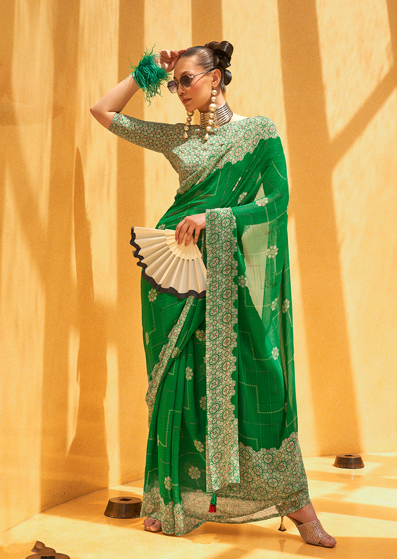 Green Georgette Foil Print Saree
