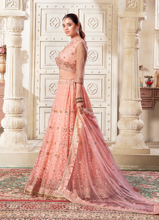 Peach Net Thread Embroidery And Stone Work Lehenga Choli