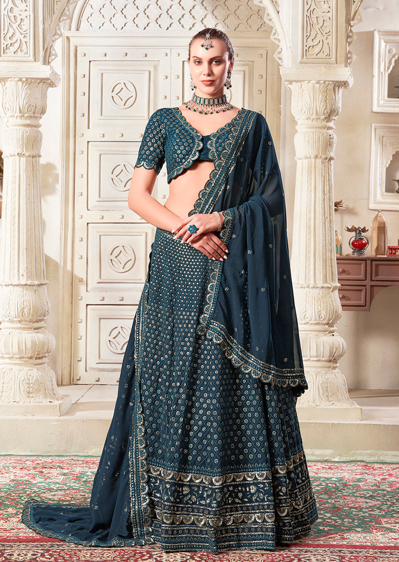 Dark Teal Georgette Embroidered And Sequins Work Wedding Lehenga Choli