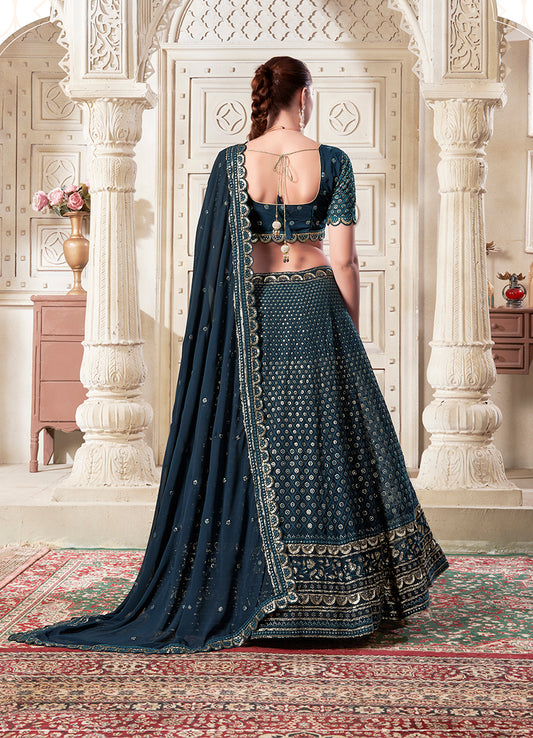 Dark Teal Georgette Embroidered And Sequins Work Wedding Lehenga Choli