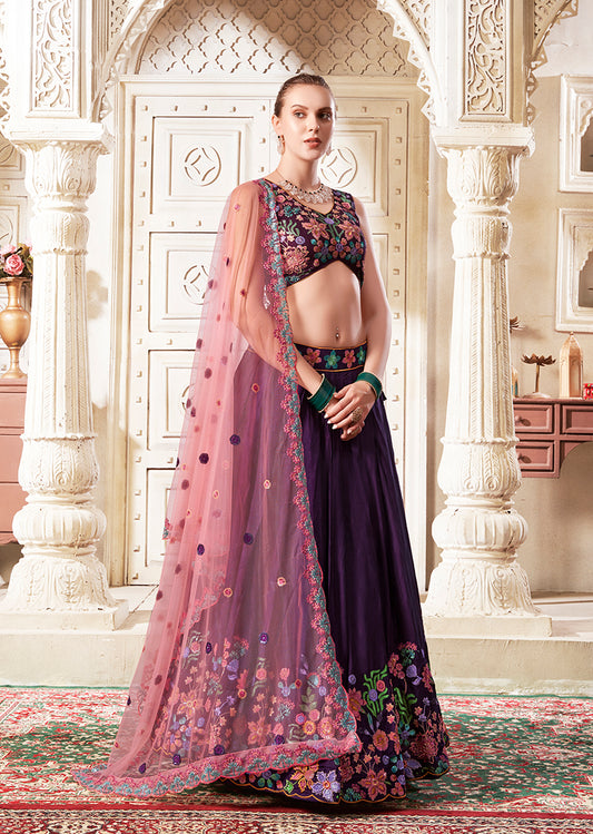 Purple Silk Embroidered And Sequins Work Wedding Lehenga Choli
