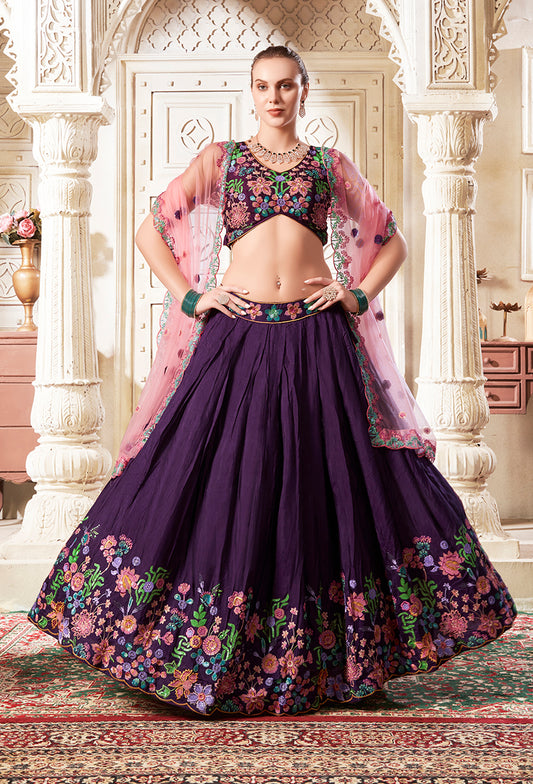 Purple Silk Embroidered And Sequins Work Wedding Lehenga Choli