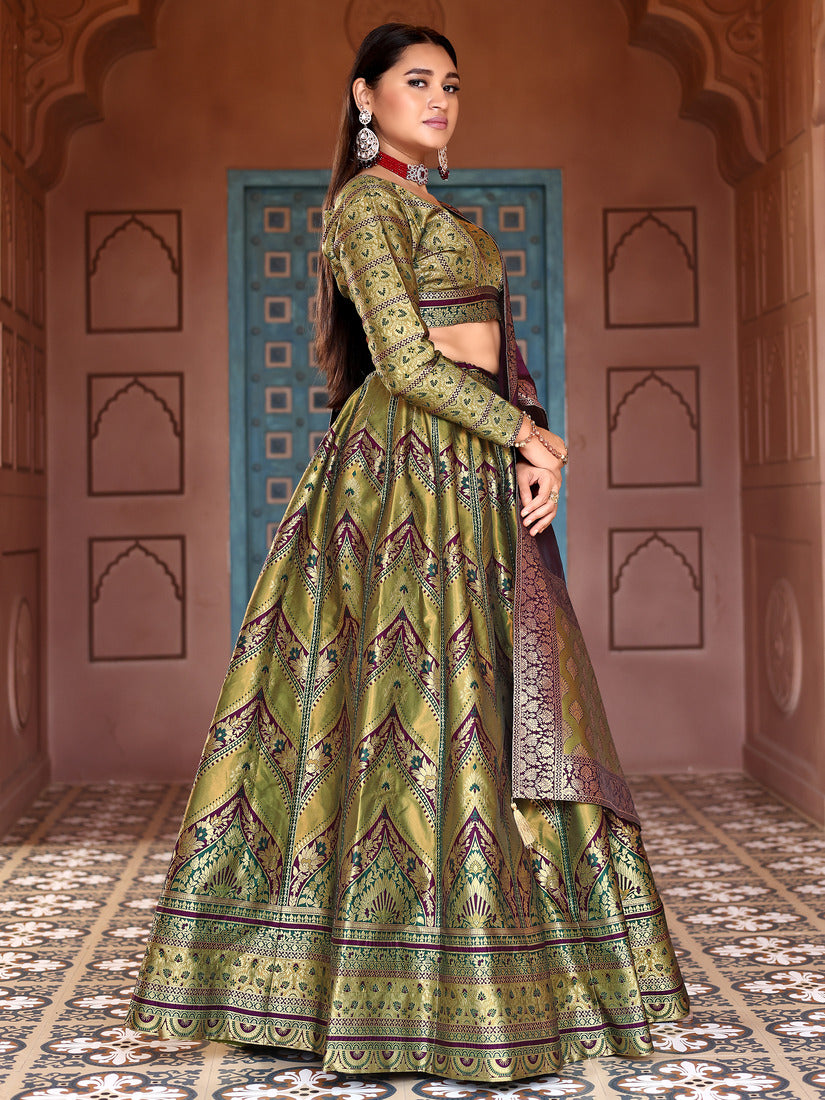 Olive Green Kanjivaram Silk Weaving Zari Lehenga Choli
