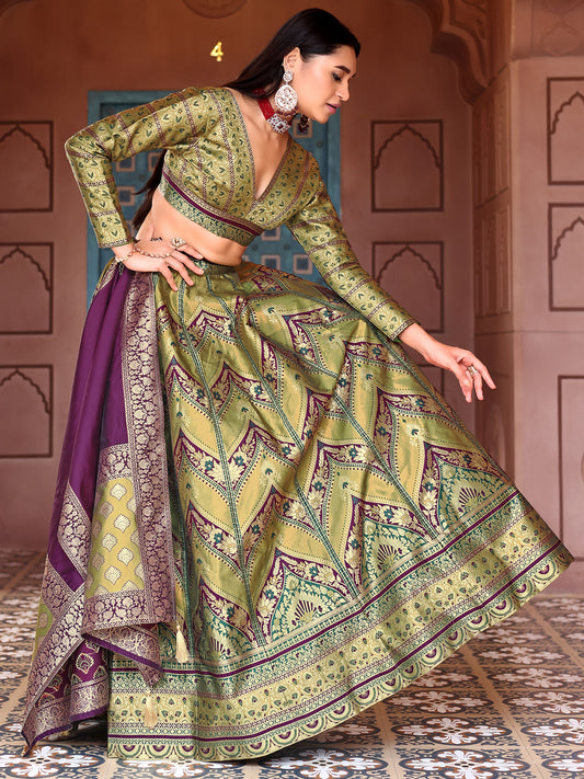 Olive Green Kanjivaram Silk Weaving Zari Lehenga Choli