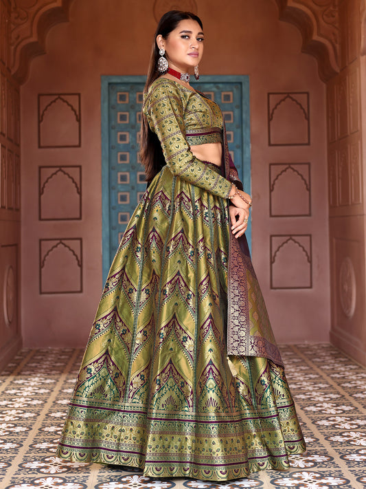 Olive Green Kanjivaram Silk Weaving Zari Lehenga Choli