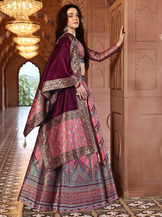 Pink Kanjivaram Silk Weaving Zari Lehenga Choli