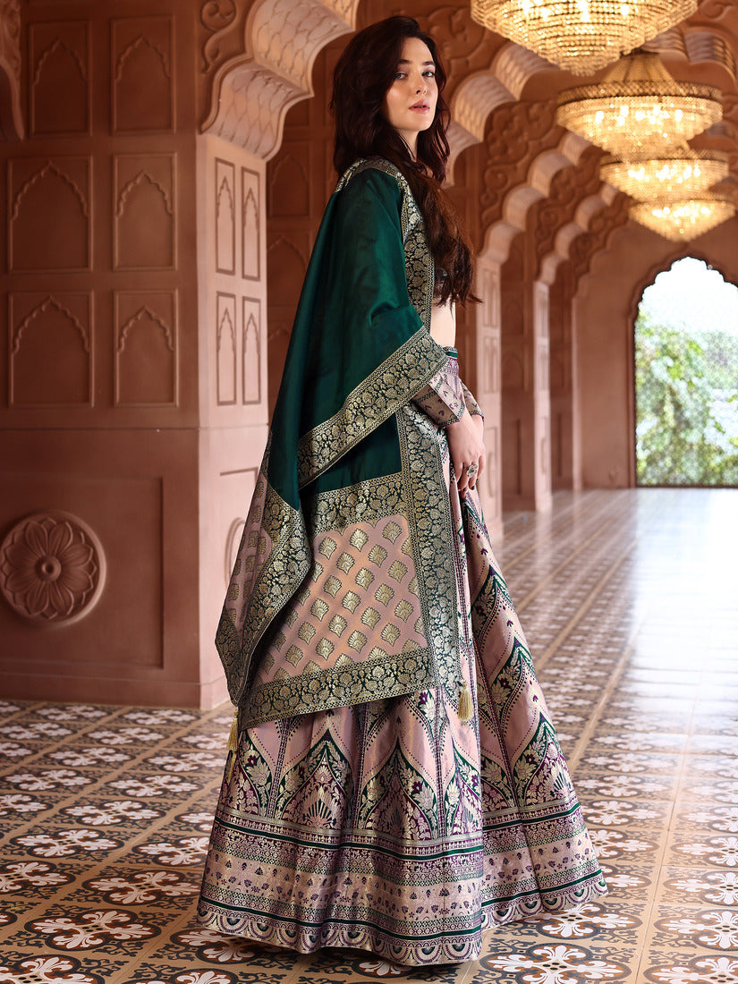 Light Pink Kanjivaram Silk Weaving Zari Lehenga Choli