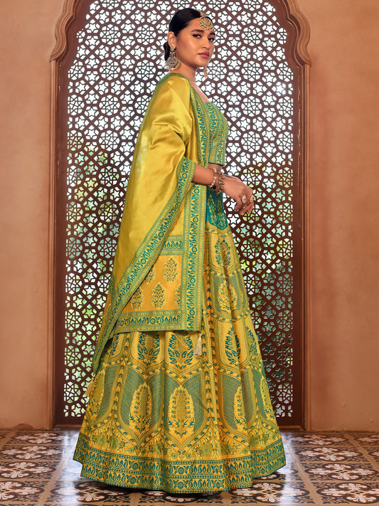 Lime Yellow Kanjivaram Silk Weaving Zari Lehenga Choli