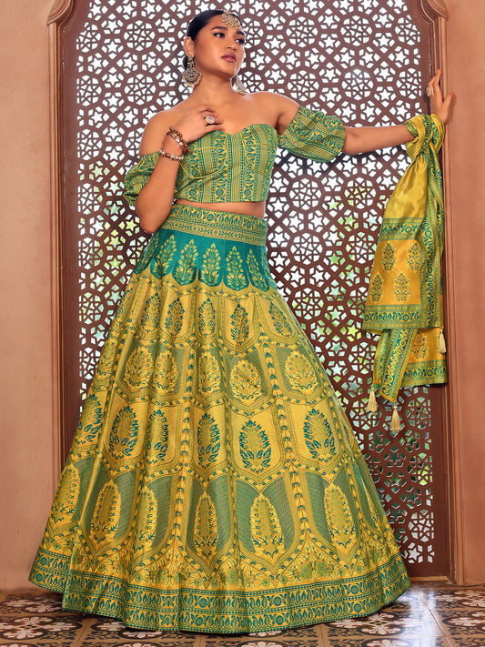 Lime Yellow Kanjivaram Silk Weaving Zari Lehenga Choli