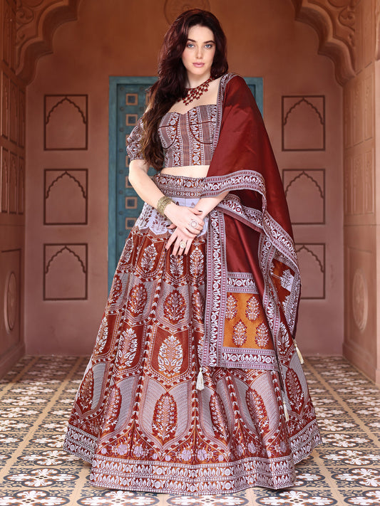 Maroon Kanjivaram Silk Weaving Zari Lehenga Choli