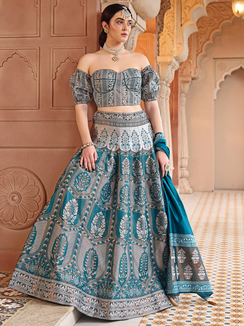 Teal Kanjivaram Silk Weaving Zari Lehenga Choli