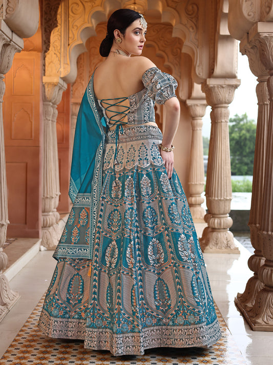 Teal Kanjivaram Silk Weaving Zari Lehenga Choli