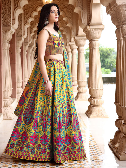 Lime Yellow Kanjivaram Silk Weaving Zari Lehenga Choli