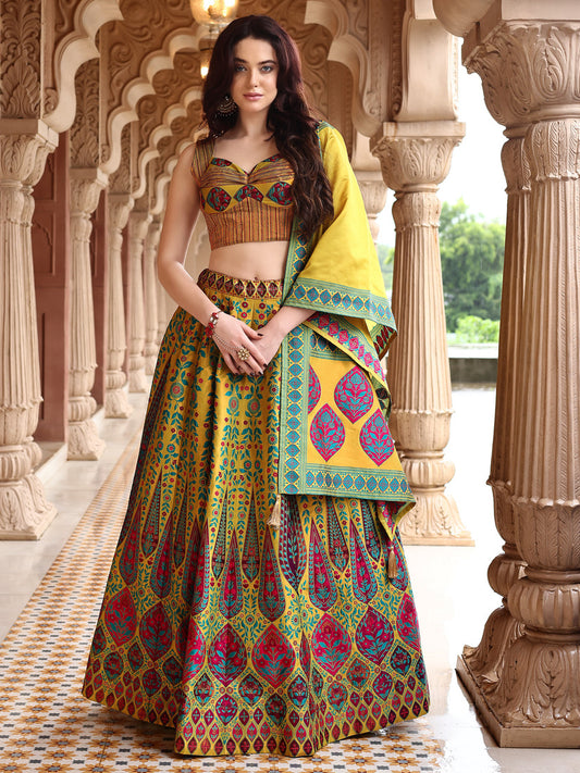 Lime Yellow Kanjivaram Silk Weaving Zari Lehenga Choli