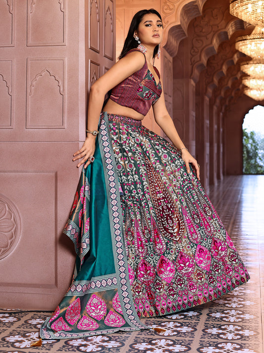 Teal Kanjivaram Silk Weaving Zari Lehenga Choli