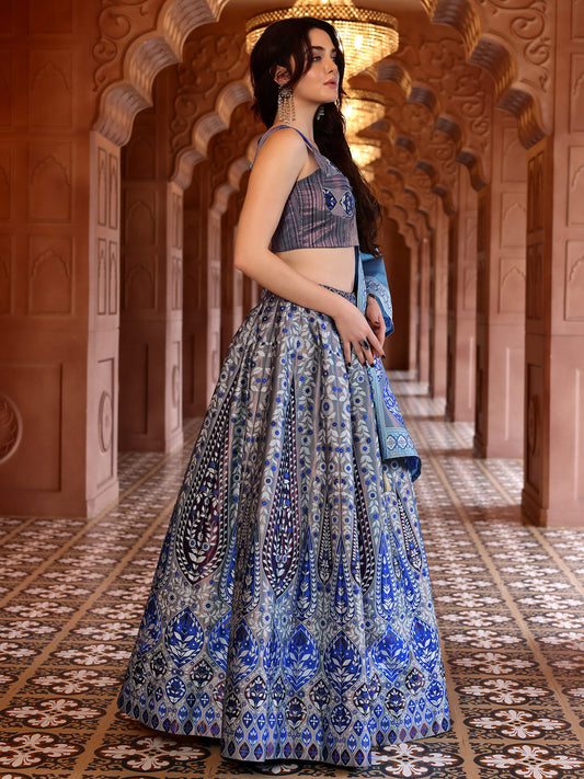 Grey & Blue Kanjivaram Silk Weaving Zari Lehenga Choli