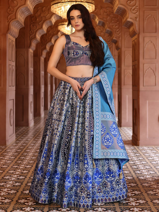 Grey & Blue Kanjivaram Silk Weaving Zari Lehenga Choli
