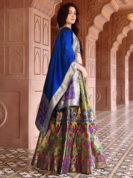 Olive Kanjivaram Silk Weaving Zari Lehenga Choli