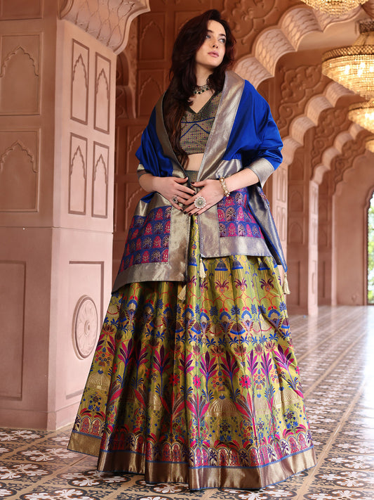 Olive Kanjivaram Silk Weaving Zari Lehenga Choli